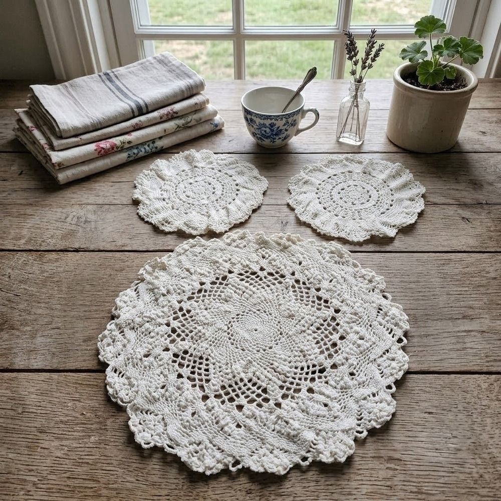 Crochet Lace Doilies Set of 3 White Vintage Cottagecore Shabby Chic Handmade